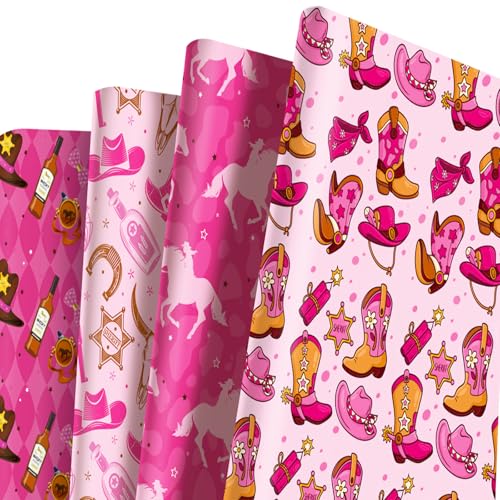 12Pcs Western Cowgirl Wrapping Paper Sheets,68x50cm Cowgirl Boots Horseshoe Bull Cactus Gift Wrapping Paper,Recyclable Hot Pink Wrapper for Girls Women Birthday Party Gift Wrap Boxes Decorations