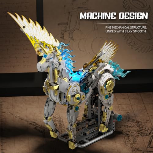 Image of SKY LINE OCEAN Mechanical Unicorn Building Blocks Set (1499+ PCS) | Complex for Ages 14+ | Light-Up Articulated Fantasy Animal Model with Stand | STEM Construction Toy | 5 Year Structural Warranty