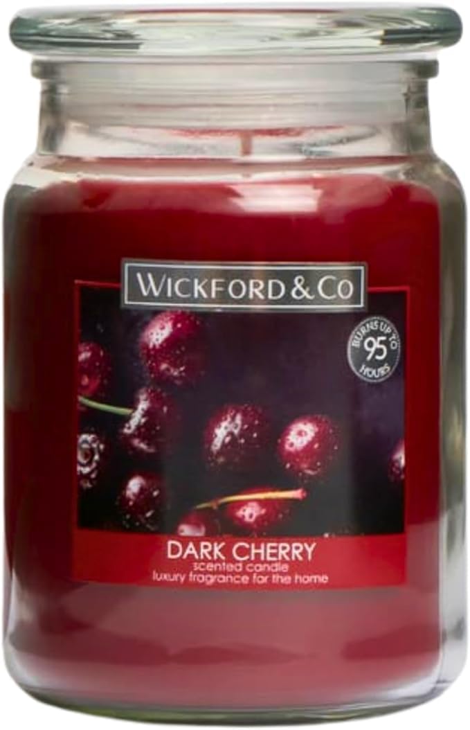 Luxury Scented Dark Cherry Large Glass Jar Candle by Wickford & Co – 18oz, 95-Hour Burn Time, Ideal for Any Space & Special Occasions