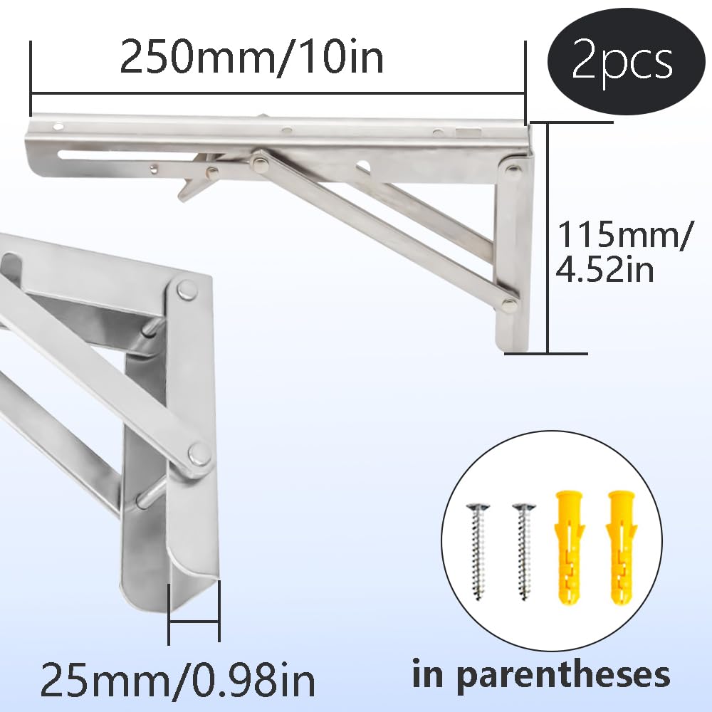 Hocansen 2Pcs Stainless Steel Foldable Brackets L Shelf Collapsible Brackets Silver Wall Mounted Shelf Bracket Max Load 132 lb Collapsible Shelf Bracket for Table Bookcase (ZDJ/Silver250mm) - Image 2