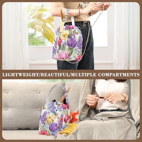 Image of ElliTarr Crochet Bag Yarn Bag with Handle Portable Knitting Project Bag Travel Yarn Storage Organizer Holder Case Tulips Lavenders Purple Butterfly