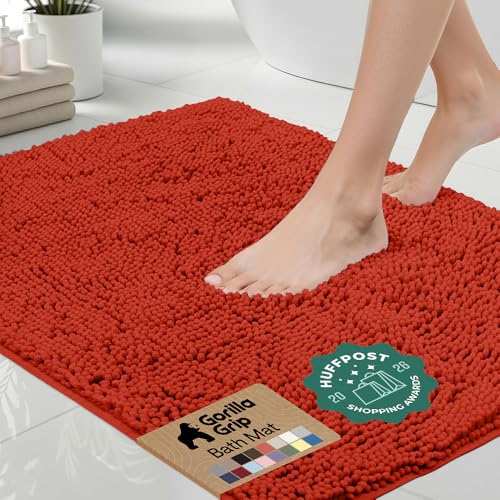 Image of GORILLA GRIP Bath Rug Mat, Thick Soft Absorbent Chenille, Quick Dry Microfiber Mats, Rubber Backing Washable Shower Floor Rugs, US Designed Bathroom Bathmat Home Accessories, 24x17, Sunset Orange