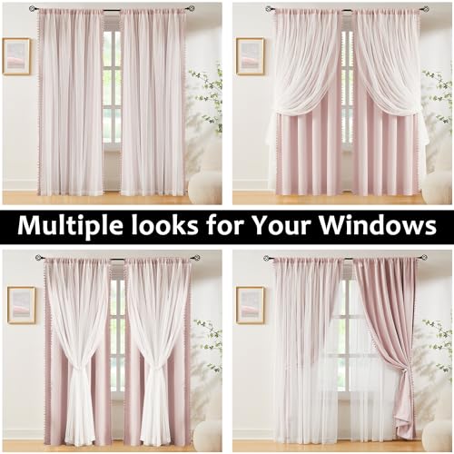 Image of Pink Blackout Curtains with Sheer Overlay for Bedroom, Mix & Match Double Layer Pom Pom Curtains for Girl Nursery, Living Room, Rod Pocket Thermal Insulated Window Panels with Tiebacks 52W X 84L, 2pcs
