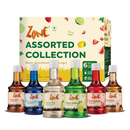 Image of Zone Assorted Syrup Combo Box | 6 Premium Flavoured Syrups (6 x 100ml) | Mocktail, Cocktail, Milkshake, Smoothie, Dessert & Fusion Recipe Mixers | Caramel, Blue Curacao, Mojito, Green Apple, Watermelon & Vanilla | Ideal for Cafes, Startups & Gifting