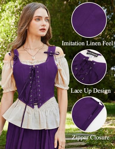 Image of Scarlet Darkness Women's Renaissance Corset Tops Vintage Lace Up Overbust Bustier Bodice Violet 6