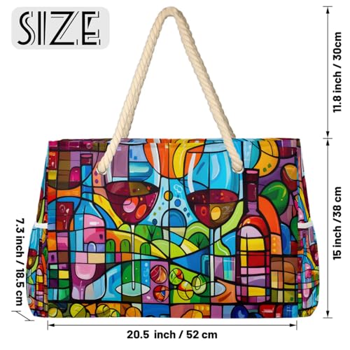 Colorful Abstract Wine Glass Beach Bag for Women Ladies Large Beach Pool Tote Bag Sandproof Beach Tote with Zipper Gym Tote Carry On Bag Reusable Grocery Shopping Bag for Weekender Travel Daily2