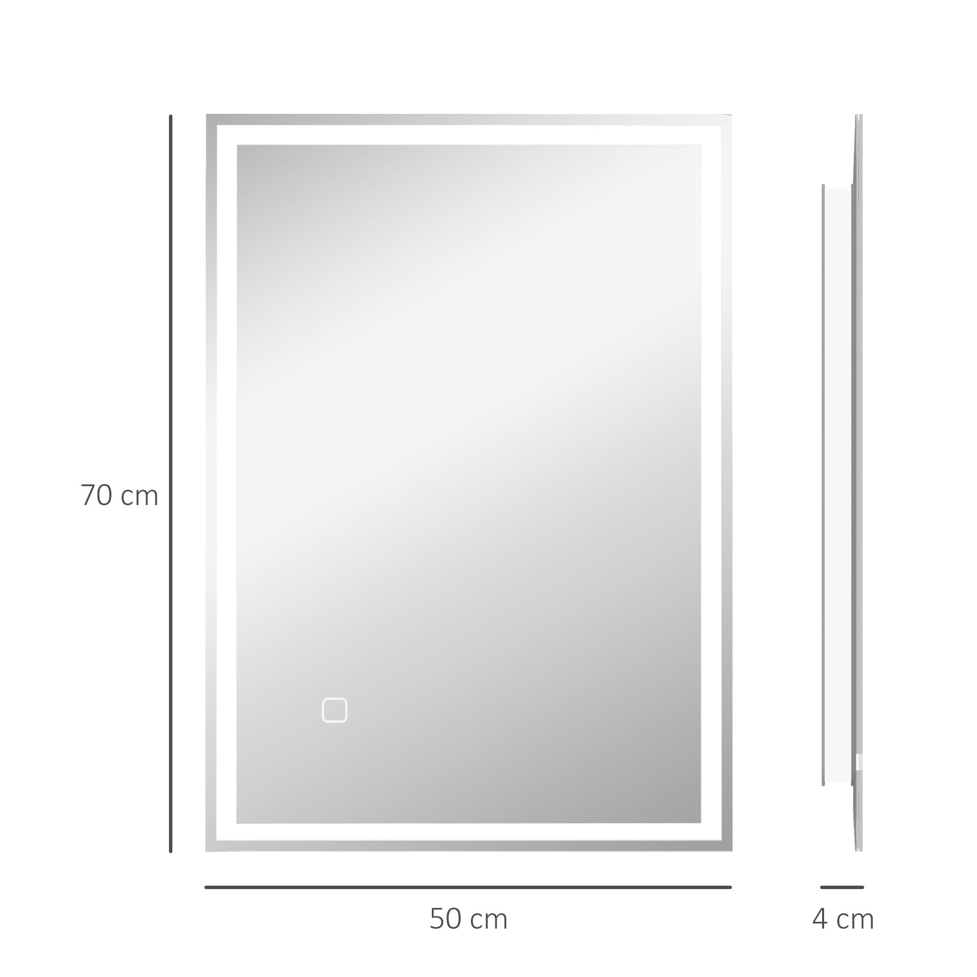 HOMCOM Specchio da bagno con illuminazione, 70 x 50 cm, con funzione di memoria, specchio da parete con interruttore touch, specchio luminoso senza appannamento con 3 colori di luce bianco