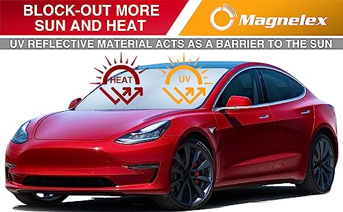 Image of Magnelex Tesla Windshield Sun Shade (Model 3 /Y), Reflective Polyester Blocks Heat & Sun, Foldable Car Window Sun Blocker, Mirror Cut-Out, Fade-Resistant Sunshade, Tesla 3 Accessories