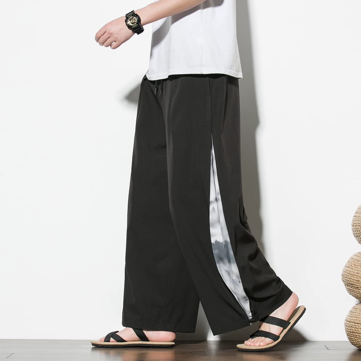 Seidarise Pantalones estilo harén de lino para hombre, de pierna ancha, estilo japonés, para yoga, hip hop, holgados