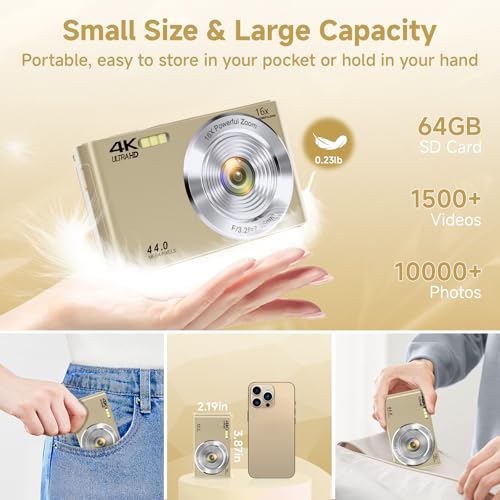 Image of Digital Camera, 2026 FHD 4K Autofocus Digital Camera with 64GB SD Card 16X Digital Zoom, Gold Cameras for Photography Portable Compact Point and Shoot Camera for Teens Adult Kids Gift
