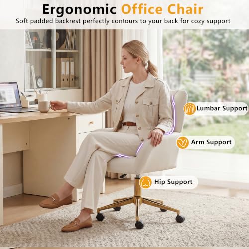 Image of FOXHUNTER Oversized Vanity Chair with Wheels Office Chair Velvet, Ivory | 360 Swivel, Adjustable Height,Soft Lumbar Support, Gold Metal Base Desk Office Chair for Home Office, Living Room, Bedroom