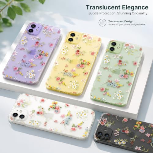 Image of SQUIF for iPhone 11 Back Case Cover Soft Silicone Translucent Matte Floral Printed Camera Protection (White)