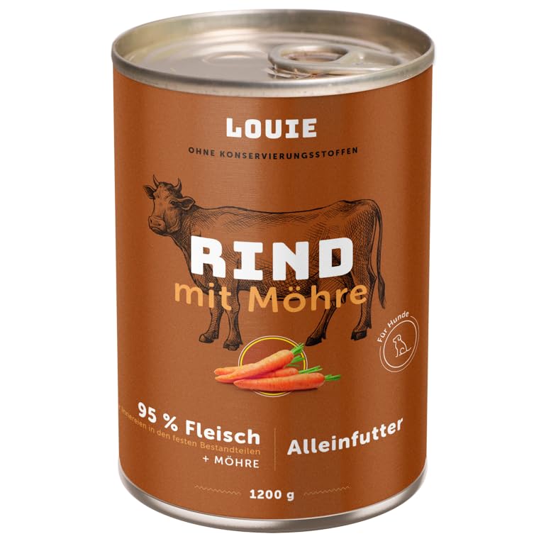 LOUIE Hunde Nassfutter Rind & Möhre 1200g – 100% natürliche Inhaltsstoffe, ohne Konservierungsstoffe, Alleinfuttermittel mit 95% Rindfleisch, Calcium & Phosphor – Vollwertige Hundeernährung, EU