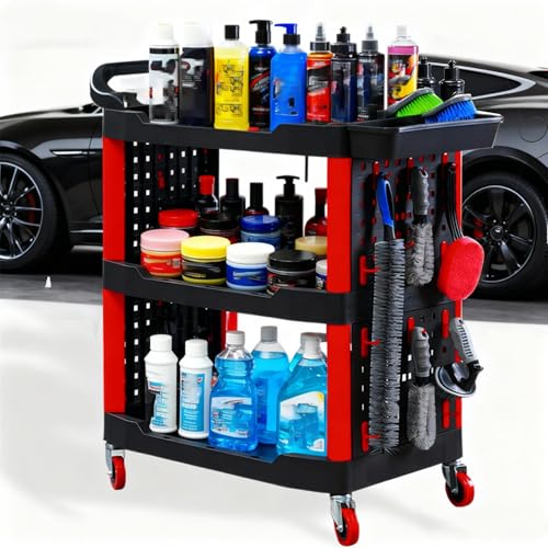 KKYOYRE Auto Detailing Cart with Wheels 3 Tier Rolling Car Detailing Cart with Detail Car Washing Tools Storage Organizer for Garage Workshop Warehouse Office (red)