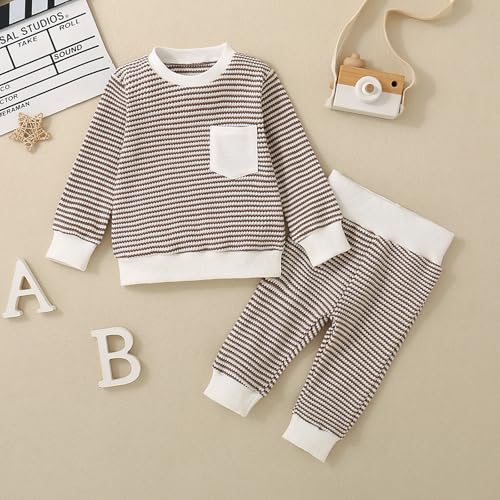 ZAXARRA Baby Boy Fall Clothes Long Sleeve Toddler Boy Waffle Sweatshirt Pullover Tops Pants Infant Fall Winter Outfits2