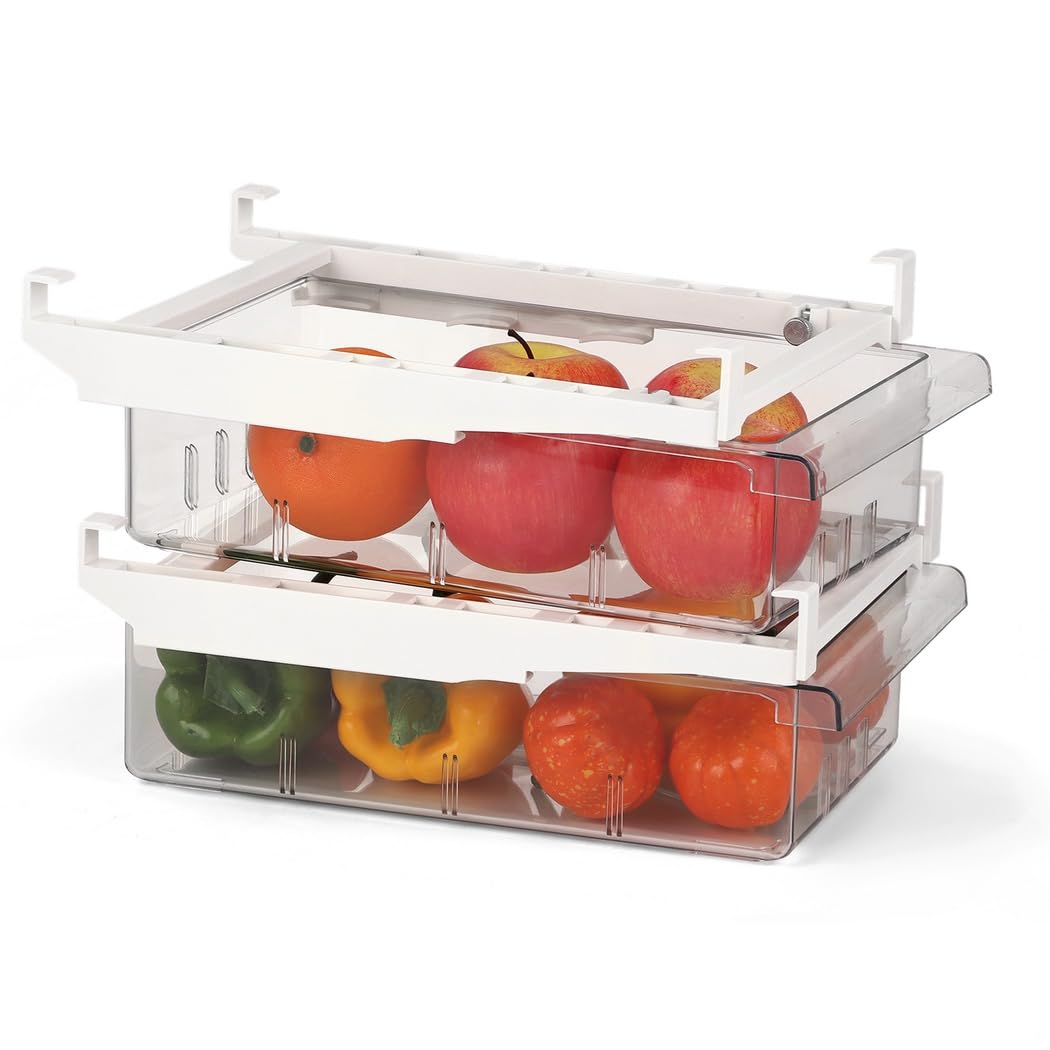 Contenedores para cajones de nevera con asas y divisores, 2 bandejas organizadoras transparentes para congelador, para frutas, verduras y huevos