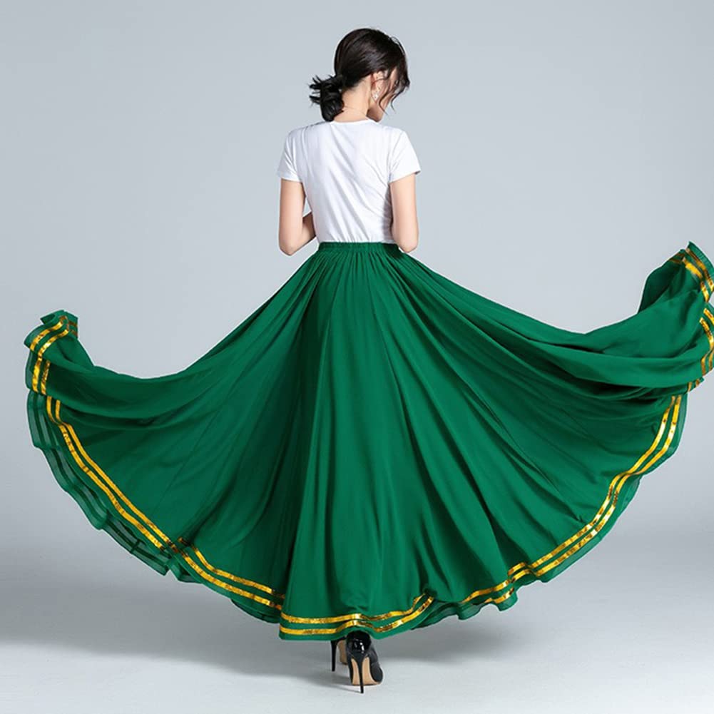 Damen Eine Linie Plissee Tanzrock Glänzender Langer Rock Hohe Taille Großes Swing Röcke Chiffon Maxirock Frauen Tanzkleid Bauchtanz Rock Flamenco Rock Latein Tango Ballett Tanz Performance Kostüm