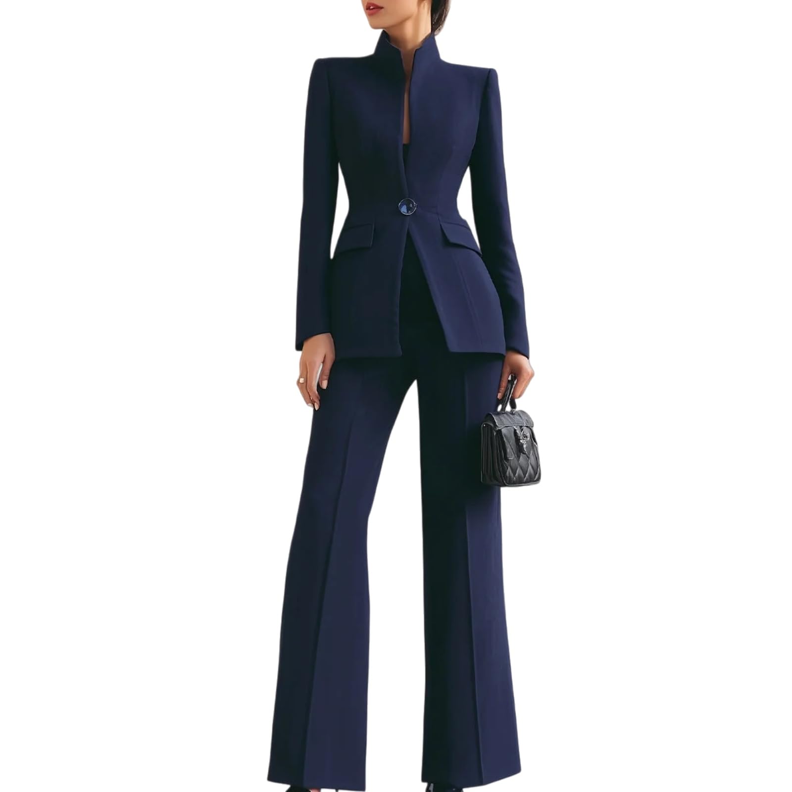 Completo da Donna Primaverile Blazer Business a Maniche Lunghe con Collo Alto Tasca e Chiusura a Un Bottone + Pantaloni a Gamba Larga in Tinta Unita - Elegante Outfit da Ufficio