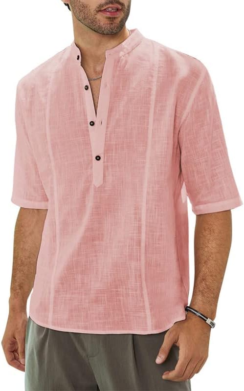 Dokotoo Camisetas casuales de verano para hombre 2023, de manga corta, de algodón, lino, cuello alto, botones, cuello en V, camisas de playa