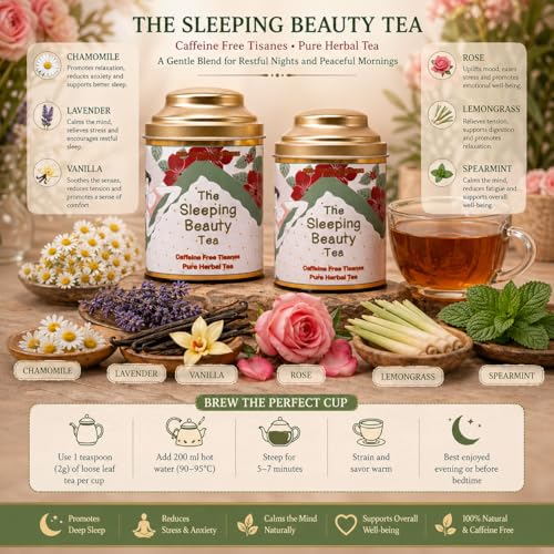 Image of Sancha Tea Boutique, Sleeping Beauty Tea, Caffeine Free Herbal Tisane for Sleep, Great for Bedtime, Blend of Vanilla /Rose /Lavender /Chamomile Flowers, 30g (Pack of 2)