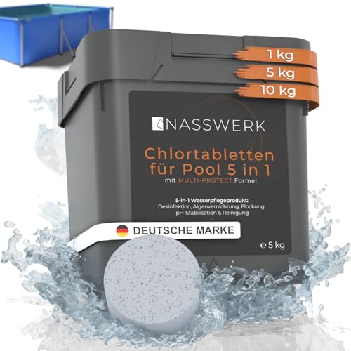 NASSWERK Chlortabletten für Pool 5 in 1 (5kg) | 200g Pooltabs Multitabs 5 in 1 mit Chlor Algizid pH Stabilisator Flockungsmittel & Reiniger | Langzeit Multitabs Pool 200g für optimales Poolwasser