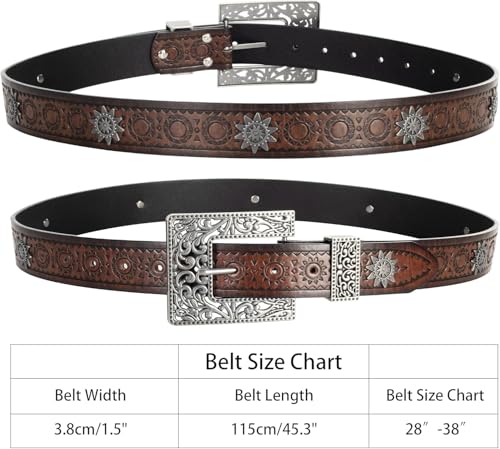 Women Vintage Western-Cowgirl-Leather Waist Belt with Big Floral Carved Buckle Adjustable for Jeans Pants Dresses4