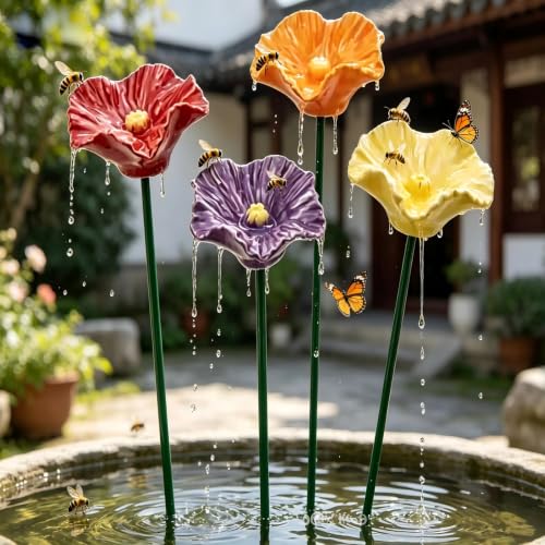 Generisch 6 Stück Keramik Blumen Gartenstecker Vogel- und Bienentränke 27 cm Insektentränke für Garten und Blumentopf Honig Spenders Outdoor Hof Terrasse (4Pcs)