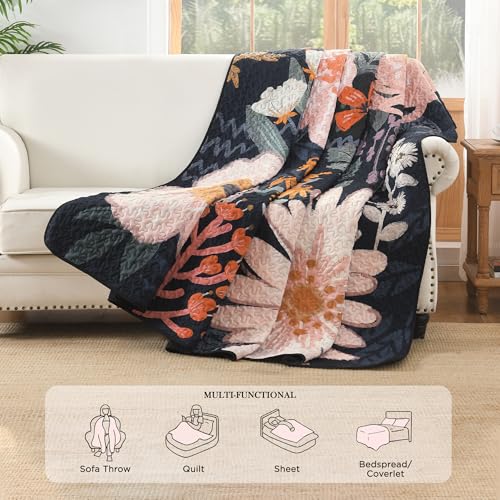 Image of Andency Floral Boho Quilt Super King Plus Size Bedding Set Navy Blush,3 Pieces Farmhouse Flower Botanical Bedspreads with 2 Shams, Soft Reversible Polyester Coverlet Set for All Season, 128 inchx120 inch