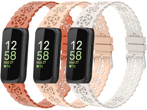 Nigaee 3 Pack Lace Silicone Bands Compatible with Fitbit Inspire 3/2/HR, Adjustable Breathable Replacement Straps Soft Slim Silicone Wristbands for Women Men