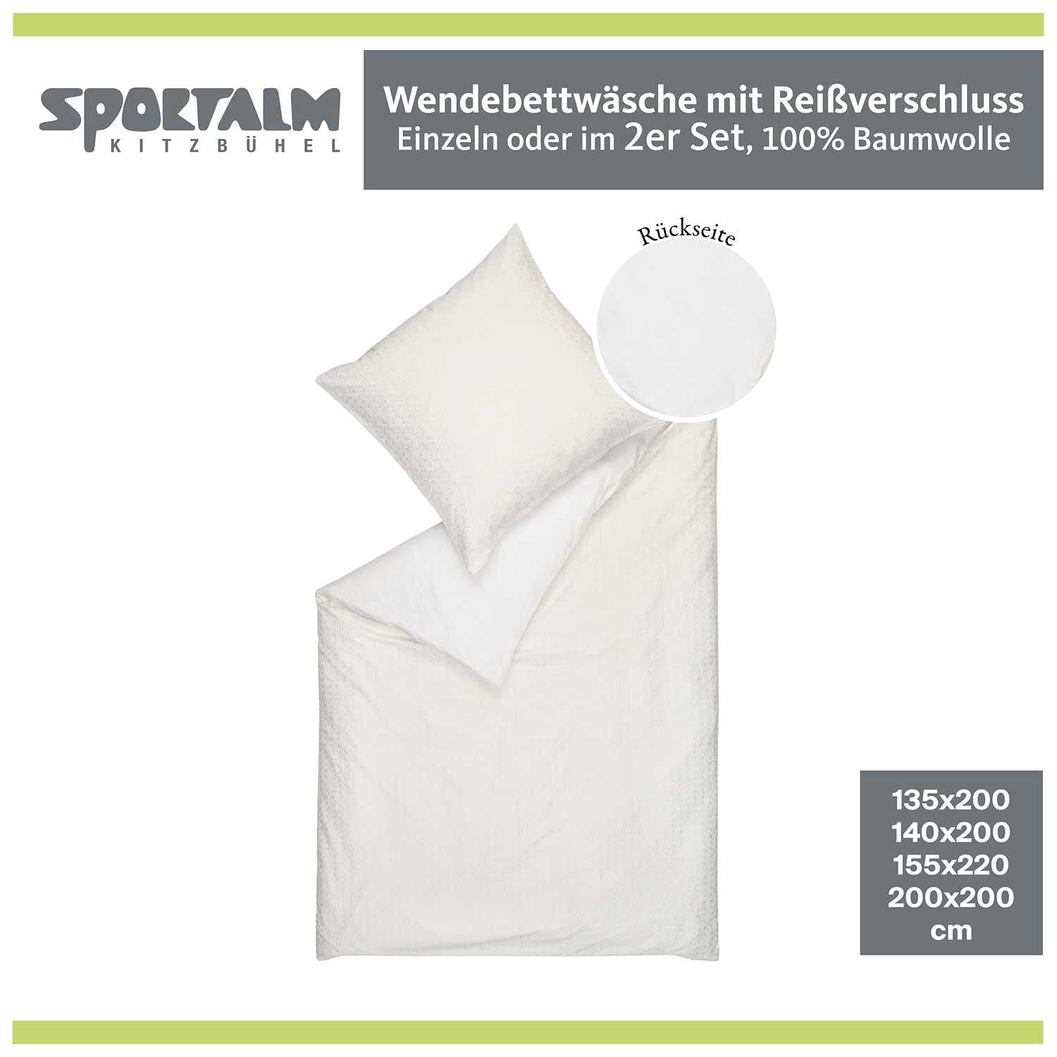 SPORTALM Ropa de cama de 140 x 200 cm, 2 piezas, juego de ropa de cama en calidad satinada, almohada de 80 x 80 cm, funda nórdica blanca, 100% algodón