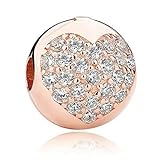 Pink Cherry Blossom CZ Clip 925 Sterling Silver Bead Love Heart Charm Clip Charm Lock Stopper Charm Spacer Charm for Pandora Charms Bracelet (Rose Gold Love Charms)