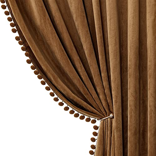 Benedeco Camel Velvet Pom Pom Curtains