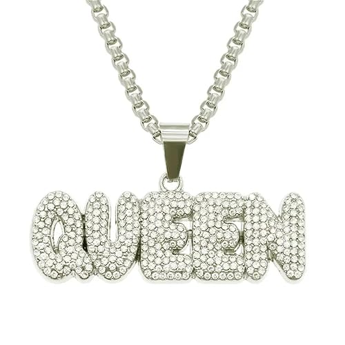 1 piece goldsilver Plated chain with Cuban Chain Pendant Necklace, full diamond Hip hop alphabet necklace (Silver QUEEN)