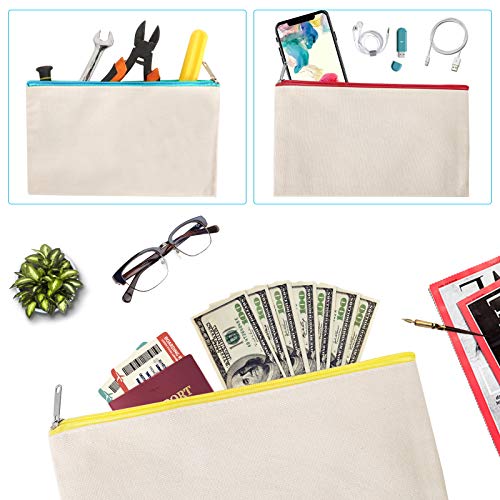 Image of 12 Pieces Cotton Canvas Makeup Bag, Multipurpose Cosmetic Bag with Zipper Travel Toiletry Pouch, Blank DIY Craft Bag (Beige, L)