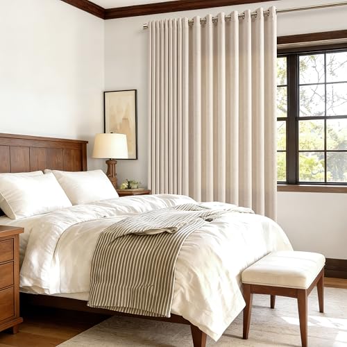 Image of 100 Inch Wide Beige Linen Curtains Room Divider 90 Inch Length | Extra Wide, Patio Sliding Door, for Living Room, Semi Sheer, Large Window Curtains, Grommet, Privacy, Farmhouse, 1 Panel