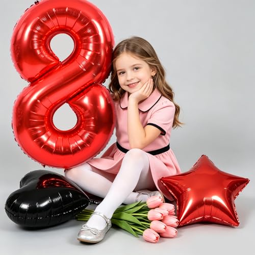 Image of TONIFUL 8th Birthday Balloons Kit 40 Inch Red Large Number 8 Foil Balloon