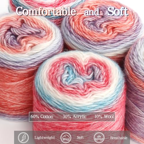 Image of Katech Ombre Yarn for Crocheting-Gradient Cake Yarn-4x100g 60% Cotton 30% Acrylic 11% Wool-Multicolor Soft Rainbow Cotton Crochet Yarn for Scarves, Shawls, Blankets and Garments(L)