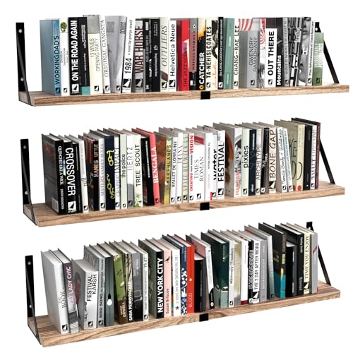 Floating Book Shelves Set of 3, 33 inch Long Wood Shelf for Wall Storage, Hanging Shelving for Bedroom, Bathroom, Living Room, Kitchen, Office and Plants (Carbonized Black)