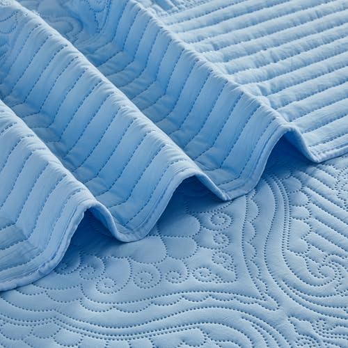 Image of ENJOHOS Light Blue California King Quilt Set, Oversized King Bedspreads 128x120, 3 Piece Soft Lightweight Extra Wide Microfiber Quilts, Vintage Boho Striped Pattern Summer Coverlet