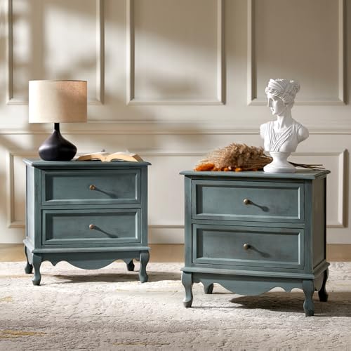HULALA HOME Solid Wood Nightstands Set of 2 with Charging Station, Vintage Night Stands with Wood Legs and 2 Drawers, French Bedside Tables for Bedroom Living Room, Blue