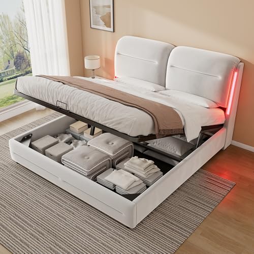 ZUUYEE Camas Matrimoniales 180x200 con Almacenamiento, Cama Matrimonio con LED, Canape 180x200 con Cabecero, Cama Hidráulico, Camas Matrimoniales de Terciopelo Beige, Colchón No Incluido
