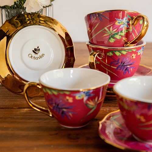 Image of Octavius Imperial Crimson Bloom Tea Set - 6 Porcelain Cups & Saucers, 200ML | Fine Floral Design with Gold Rims & Handles | Elegant Tea Set for Gifting, Home & Special Occasions