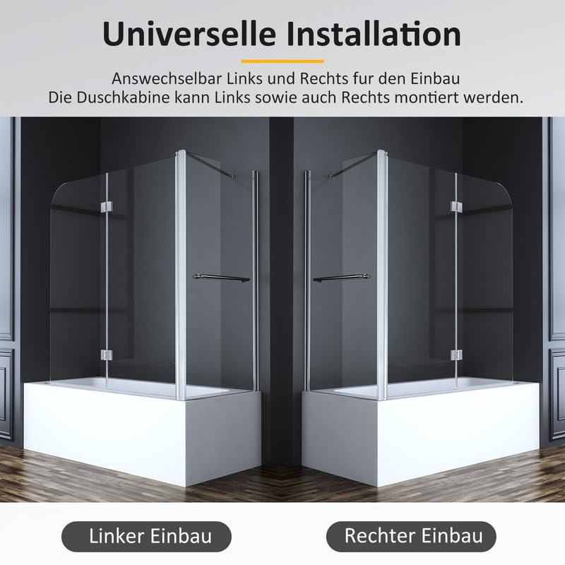 Duschwand für Badewanne mit Seitenwand 70x120x140cm 2-teilig Faltbar Duschtrennwand, Duschabtrennung Badewannenaufsatz aus 6mm ESG Nano Sicherheitsglas, 70+120cm Eck Badewannenfaltwand