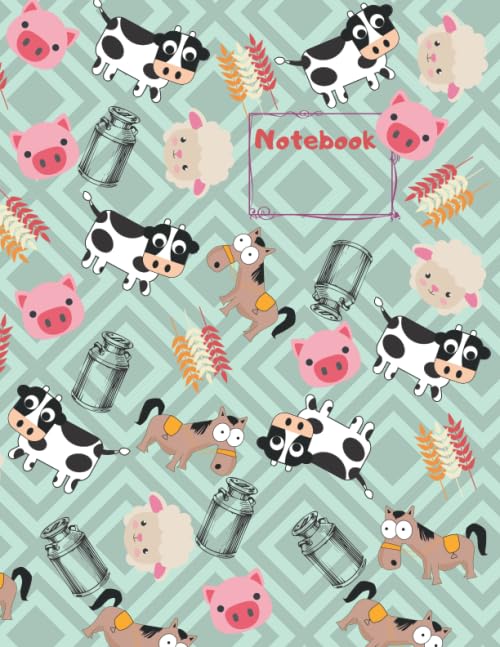 Lined Notebook Journal Diary- Countryside animals pig cow sheep horse- 120 Pages – Large (8.5 x 11 inches)