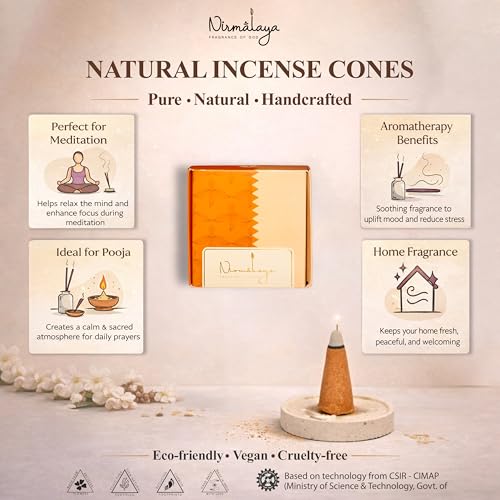 Image of Nirmalaya Premium Sandalwood & Rooh Rose Incense Cones 80 Pieces | 100% Natural Charcoal-Free Dhoop Cones from Sacred Temple Flowers | for Pooja, Meditation & Home Fragrance | Free Ceramic Stand