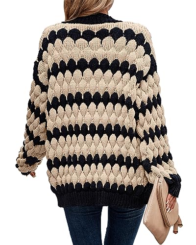 KIRUNDO Womens Cardigan Chunky Fall Fashion Lantern Sleeve Open Front Striped Color Block Cable Knit Winter Sweater Coats2