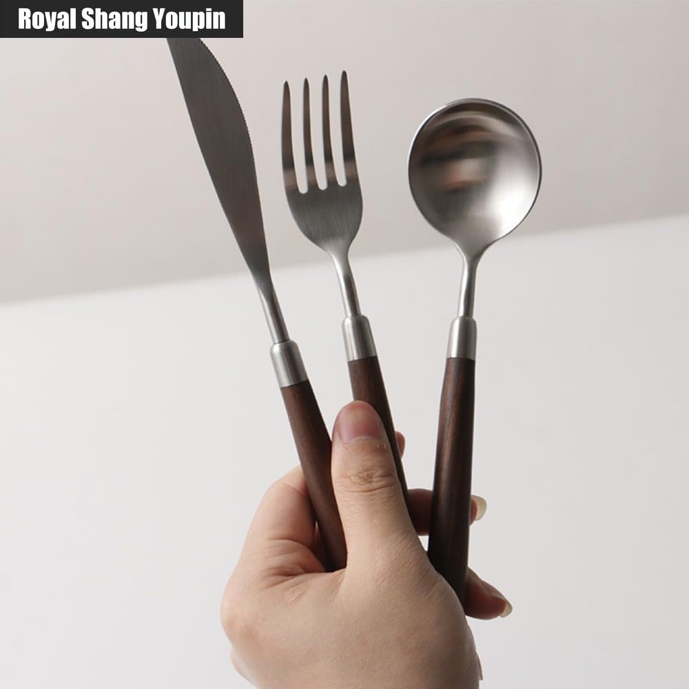 Manico in Noce Massello Cucina Acciaio Inossidabile Posate Stoviglie Posate Coltelli Forchette Cucchiai Set, Coltello Da Bistecca E Forchetta Per Hotel (Punta Cucchiaio 12 pezzi)