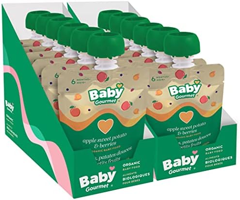 Baby Gourmet Organic Fruit & Veggie Puree Baby Food Pouches – Apple Sweet Potato & Berries – 12 Pack – No Added Sugar or Salt, Non GMO, No Fillers, Gluten Free, Peanut Free, Kosher (128ml) 12-Pouches