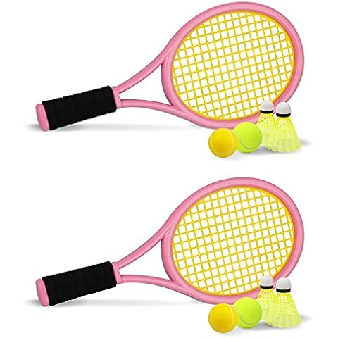 Crefotu Kids Tennis Racket,17 Inch Plastic Tennis Racket with 2 Soft Balls,2 Tennis Balls and 4 Shuttlecocks for Kid,Toddler Outdoor/Indoor Sport Play (Pink&Blue) Cover