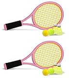 Crefotu Kids Tennis Racket,17 Inch Plastic Tennis Racket with 2 Soft Balls,2 Tennis Balls and 4 Shuttlecocks for Kid,Toddler Outdoor/Indoor Sport Play (Pink&Blue)